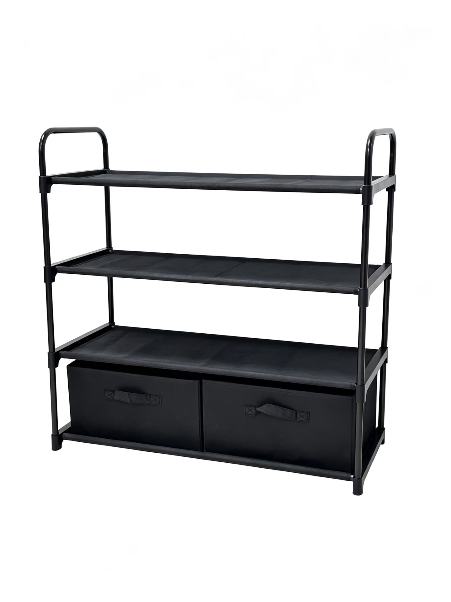 4 Shelf Closet Storage Organizer for Clothes with 2 Fabric Bins, Black, Metal Frame