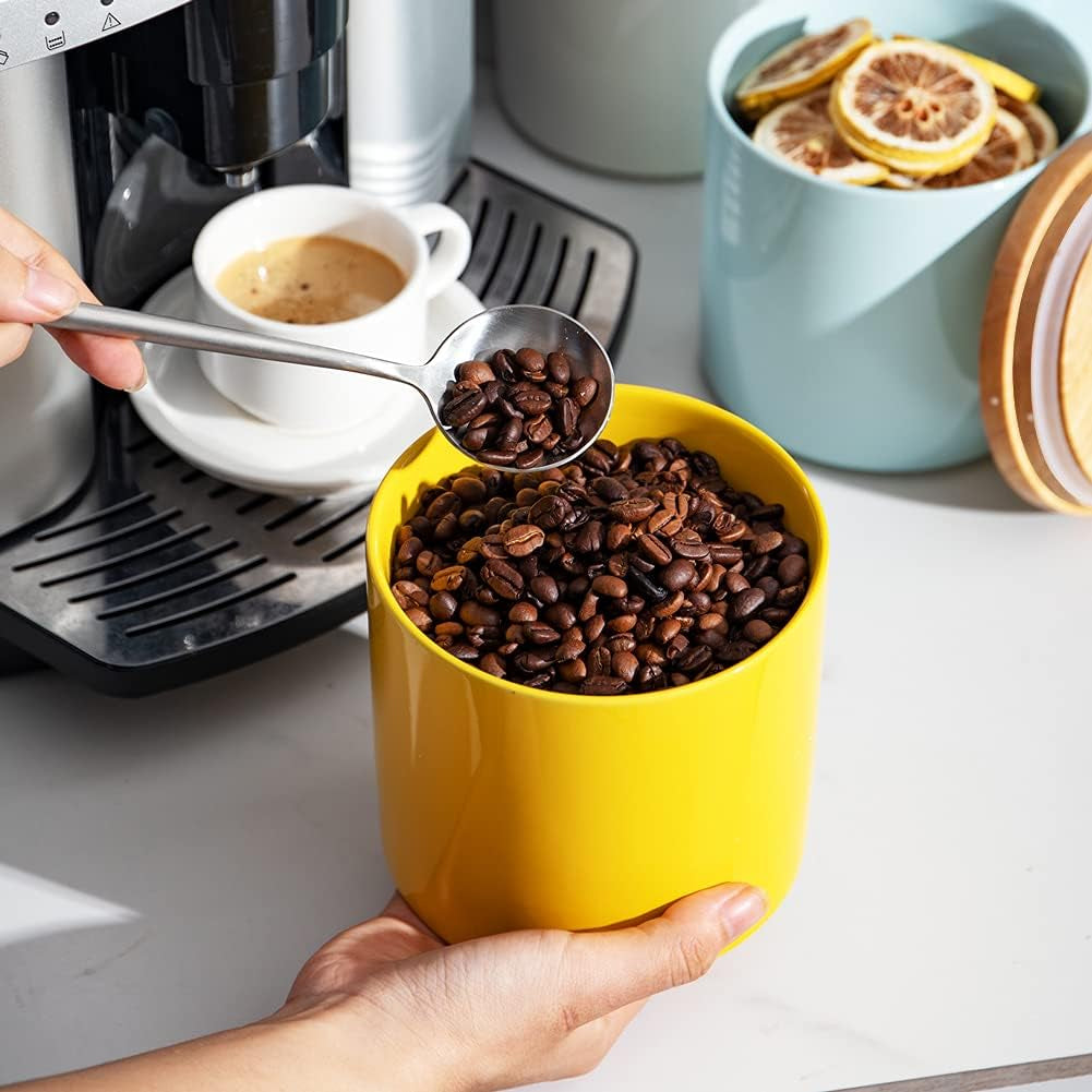 Kitchen Canisters 58 FL OZ Ceramic Food Storage Jar, Stackable Containers with Airtight Seal Wooden Lid for Serving Coffee Bean, Flour, Tea, Cookies and More (Yellow)