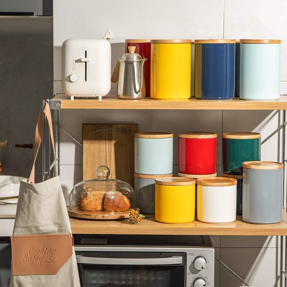 Kitchen Canisters 58 FL OZ Ceramic Food Storage Jar, Stackable Containers with Airtight Seal Wooden Lid for Serving Coffee Bean, Flour, Tea, Cookies and More (Yellow)