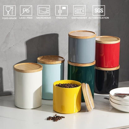 Kitchen Canisters 58 FL OZ Ceramic Food Storage Jar, Stackable Containers with Airtight Seal Wooden Lid for Serving Coffee Bean, Flour, Tea, Cookies and More (Yellow)
