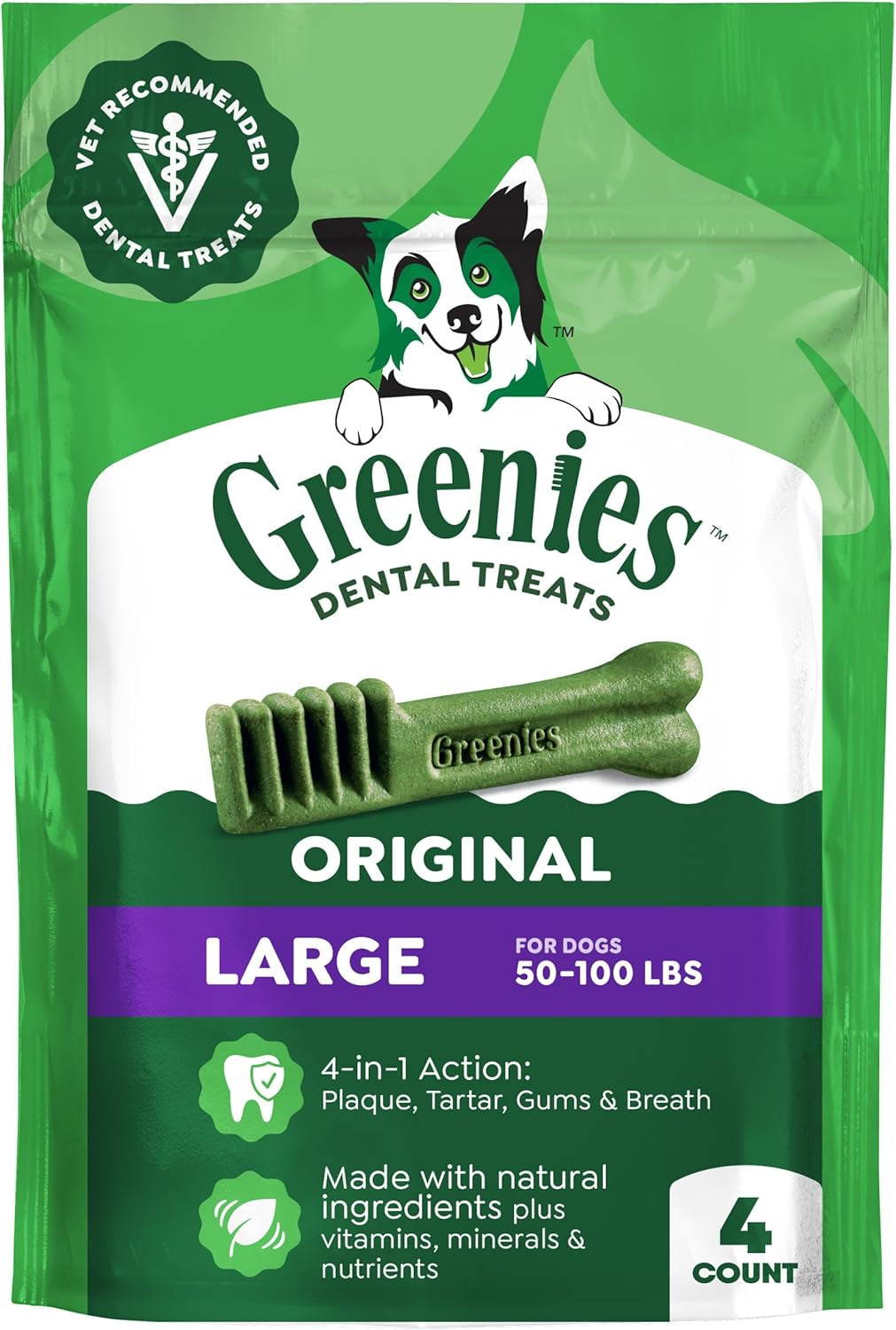 GREENIES Original Large Natural Dog Dental Care Chews Oral Health Dog Treats, 6 Oz. Pack (4 Treats)