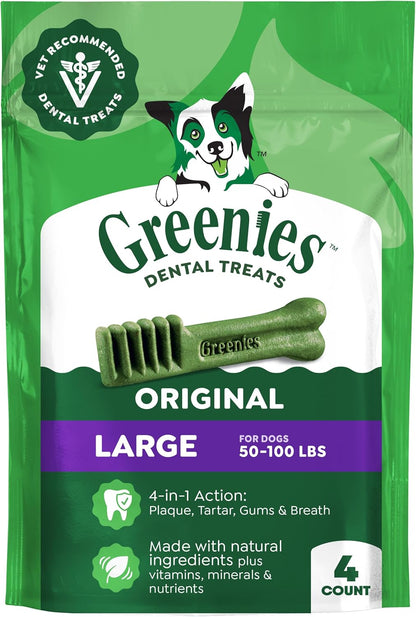 GREENIES Original Large Natural Dog Dental Care Chews Oral Health Dog Treats, 6 Oz. Pack (4 Treats)