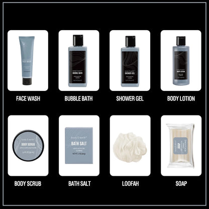 Bath Body Care Spa Gift Basket Sets for Men - 8 Pcs Luxury Leathers Scented Skin Self Care Kit Birthday Fathers Day Gifts for Him Grandpa