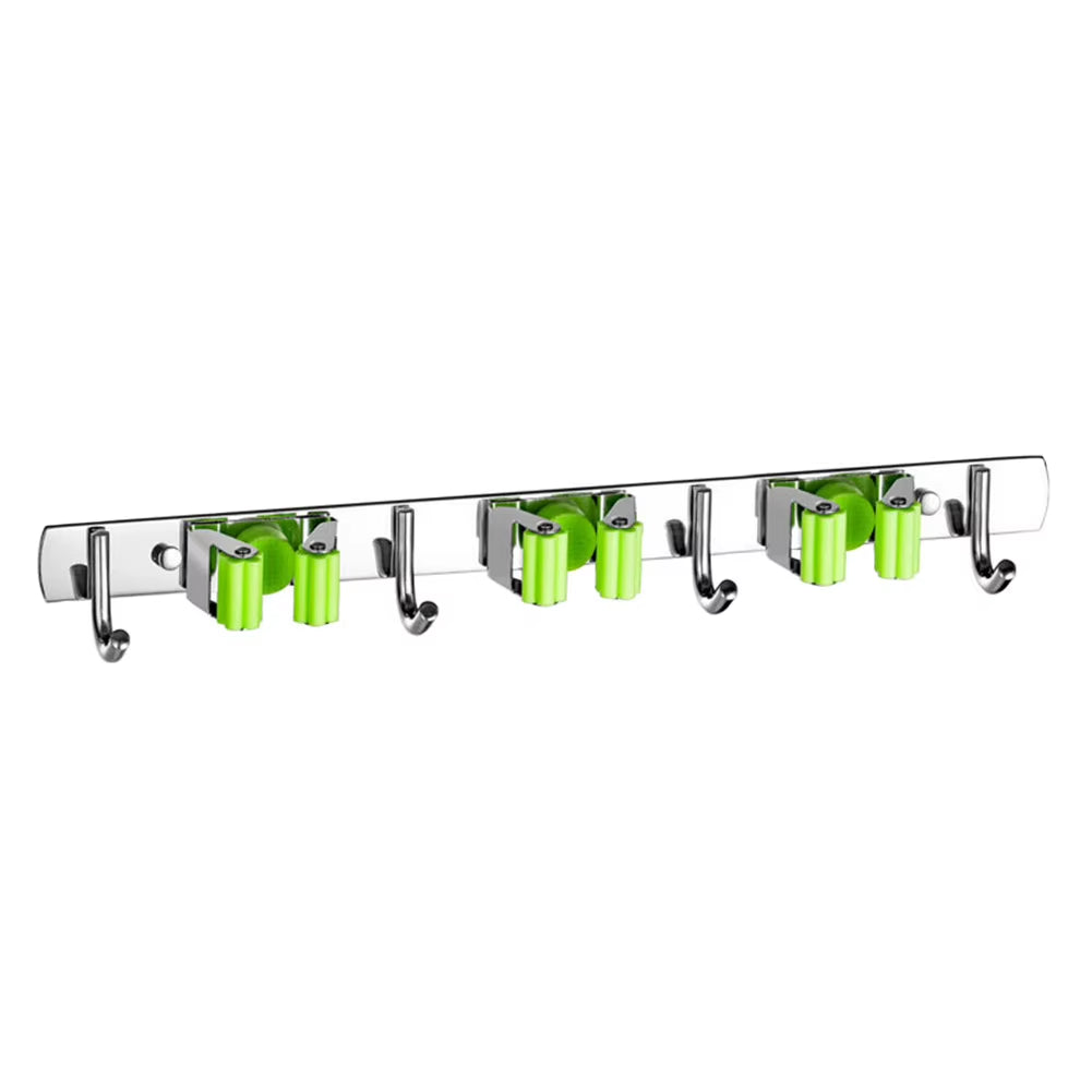 GripLock™ Stainless Steel Wall Mount Mop & Broom Holder – Space-Saving Hook for Kitchen & Bathroom Organization