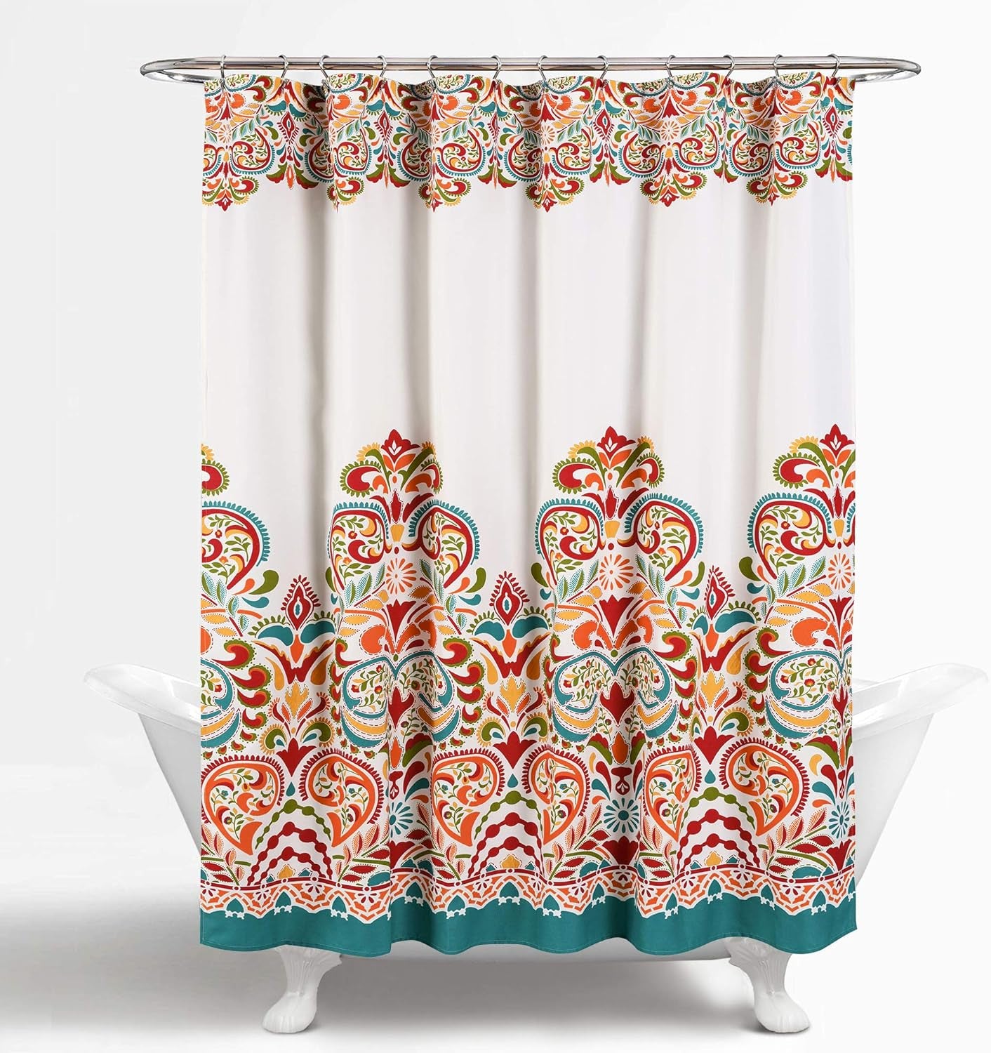 Clara Shower Curtain-Fabric Colorful Boho Paisley Damask Print Design, 72” X 72”, Turquiose & Tangerine
