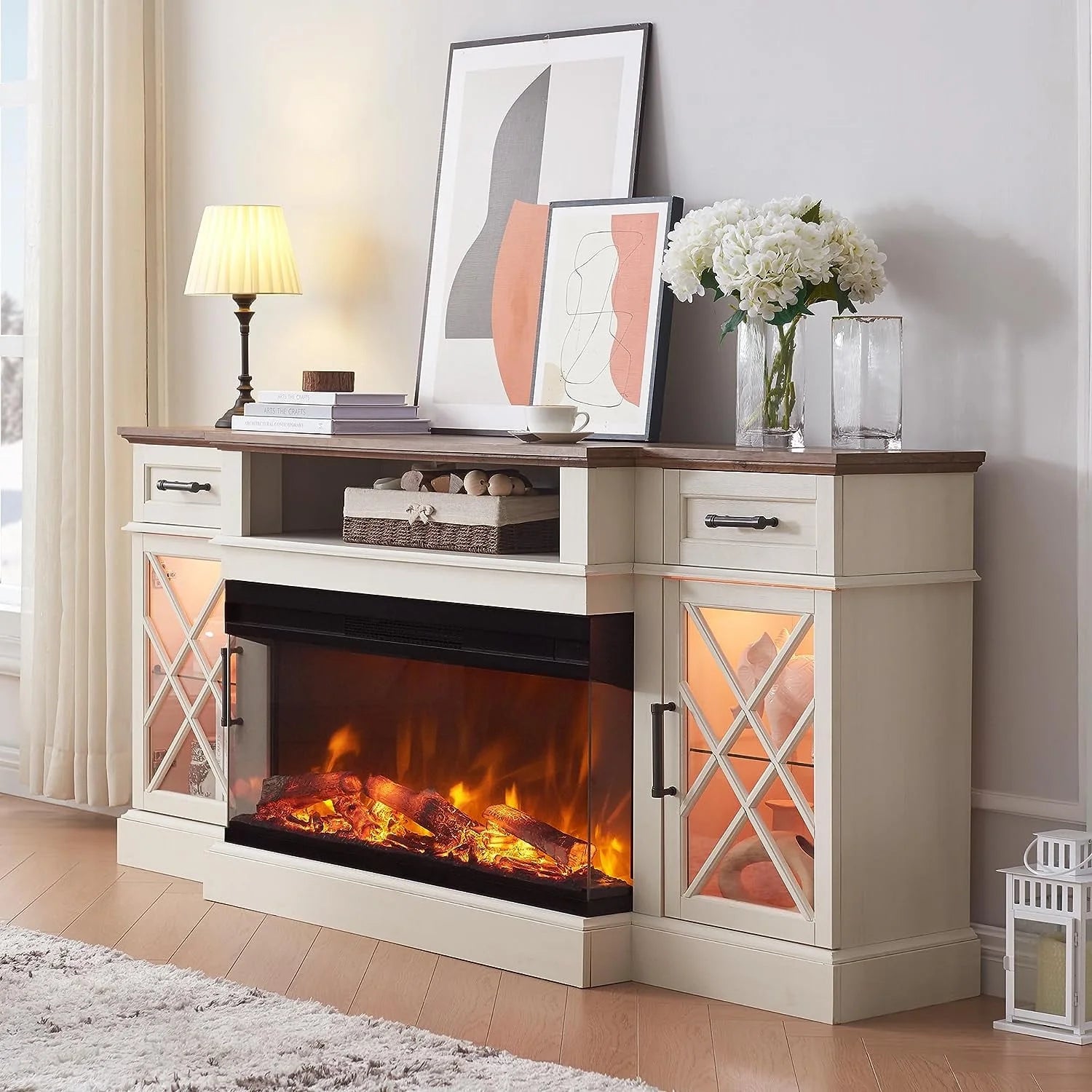 Farmhouse 3-Sided Fireplace TV Stand for 80" Tvs, 70" Entertainment Center with Electric Fireplace and Storage Drawers, Antique White
